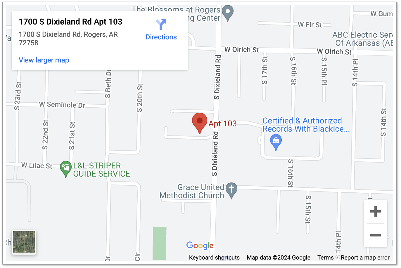 Map showing the Hellman Enterprises office at 1700 S Dixieland Rd, Rogers, Arkansas